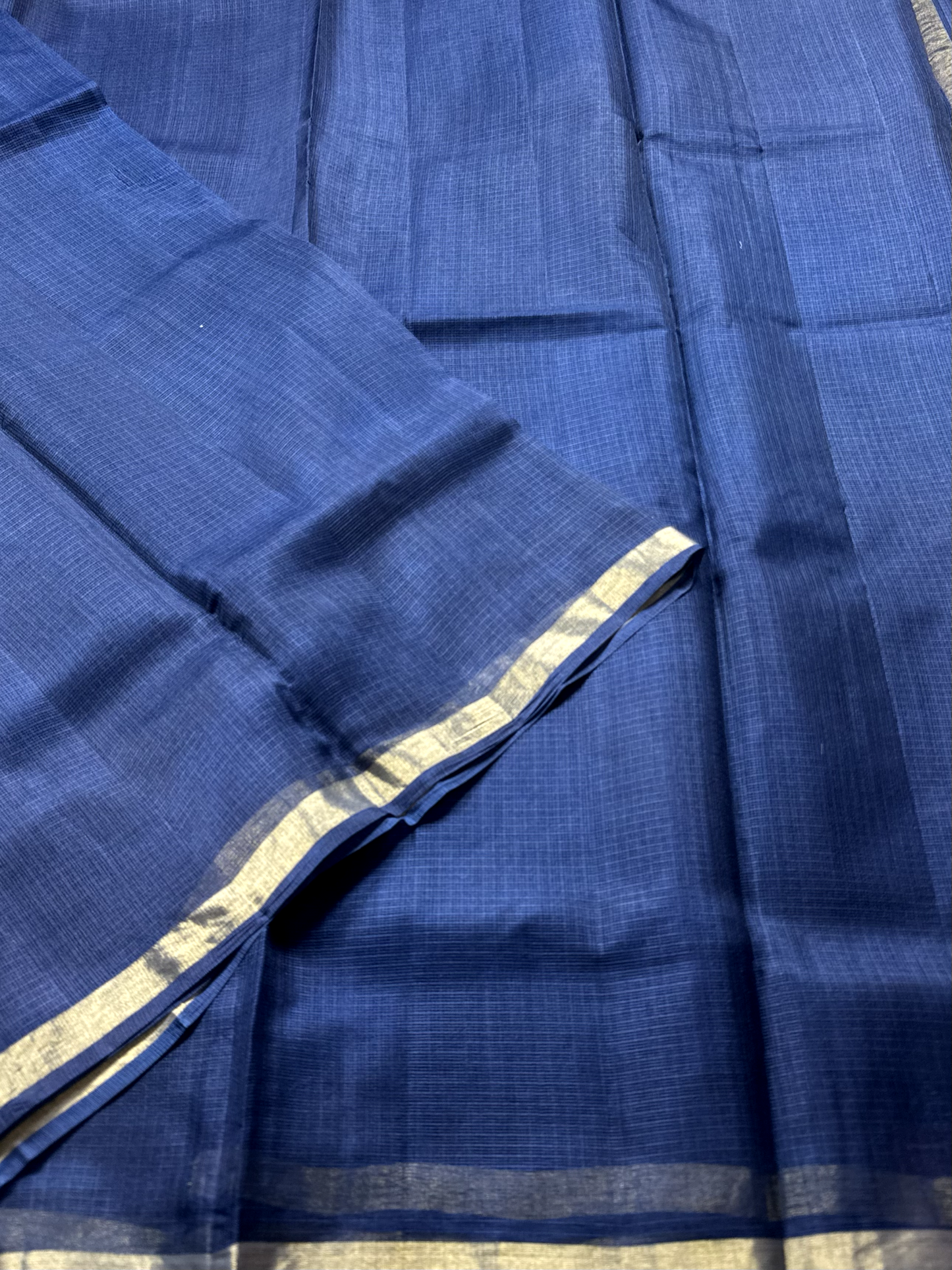 Dark Blue Kota Doria Silk Saree with Gold Border