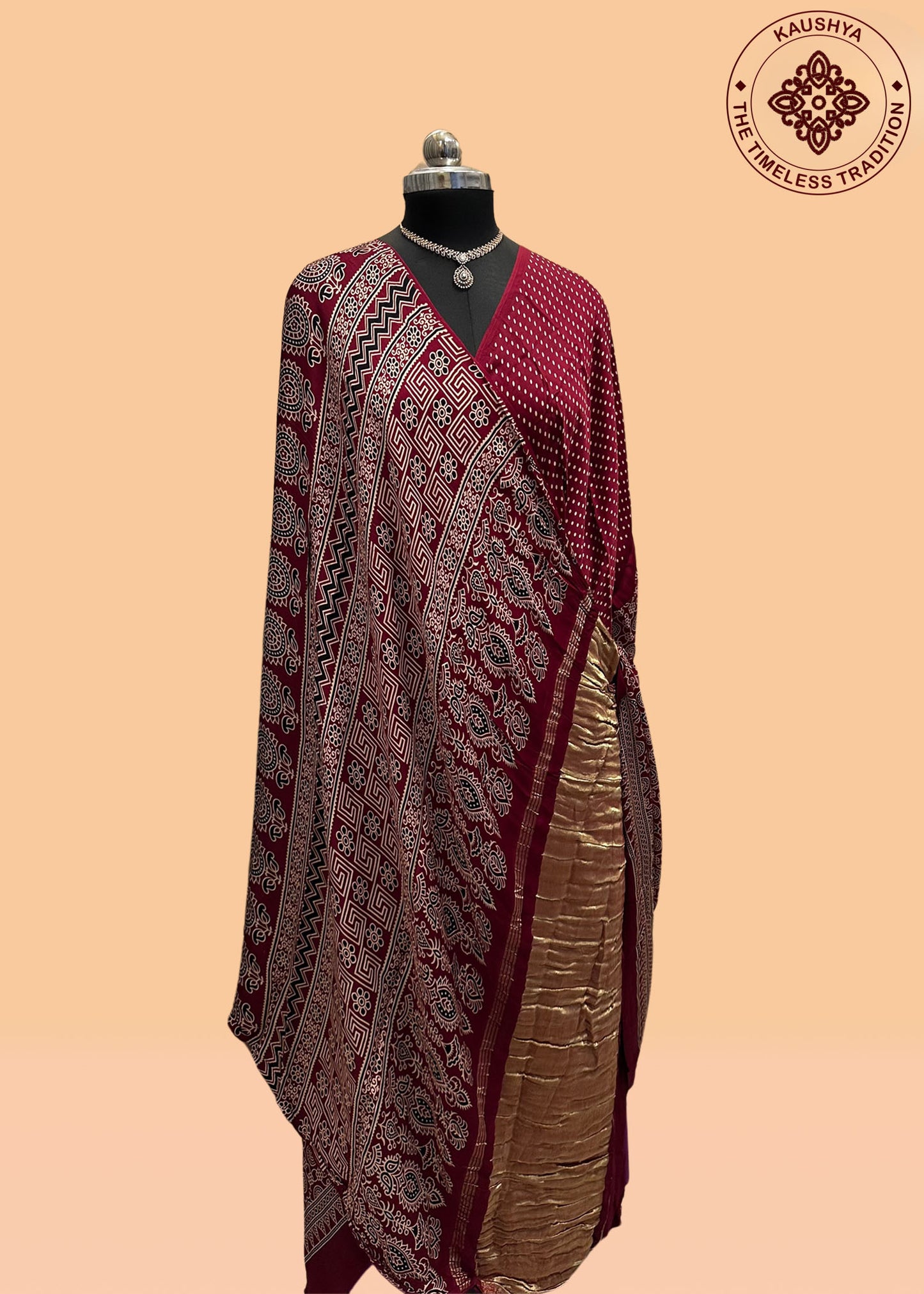 Gajji Soft Silk Saree with Ajrak-Inspired Geometric & Floral Motifs