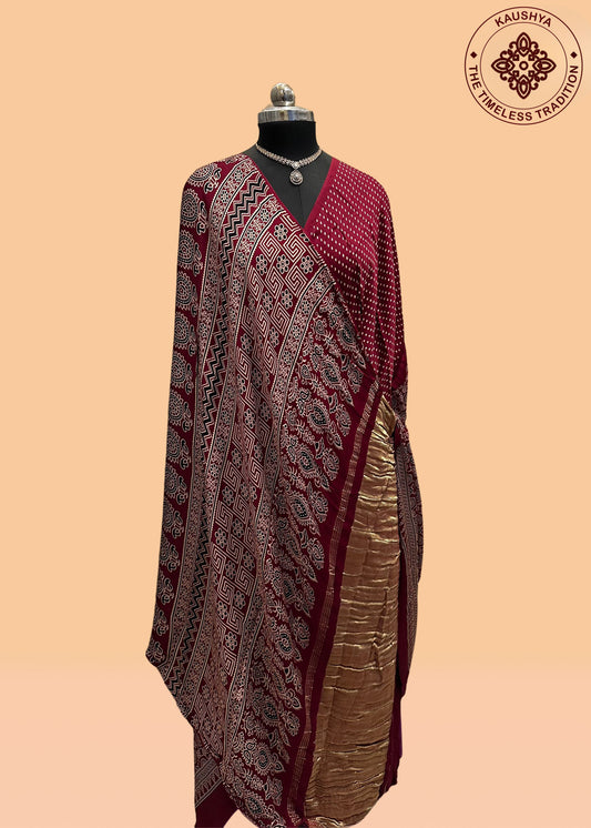 Gajji Soft Silk Saree with Ajrak-Inspired Geometric & Floral Motifs