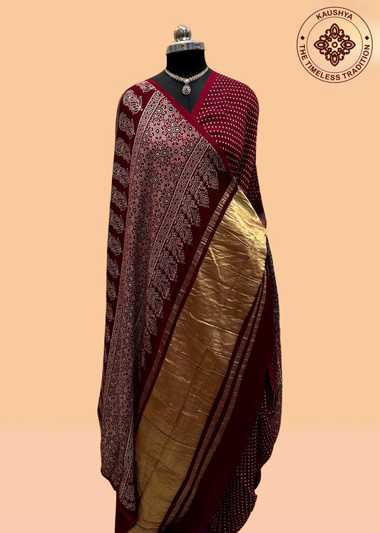 Gajji Soft Silk Saree with Bold Floral & Leaf Borders and Gold Tissue Pallu