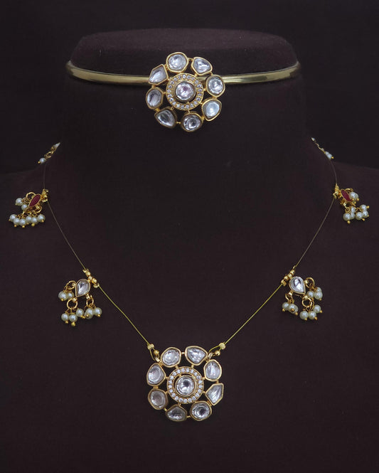 Moissanite Floral Kundan Invisible Necklace Set