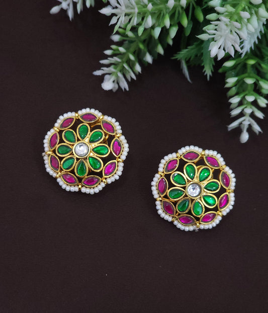 Green & Pink Floral Jadau Kundan Stud Earrings with Pearl Border