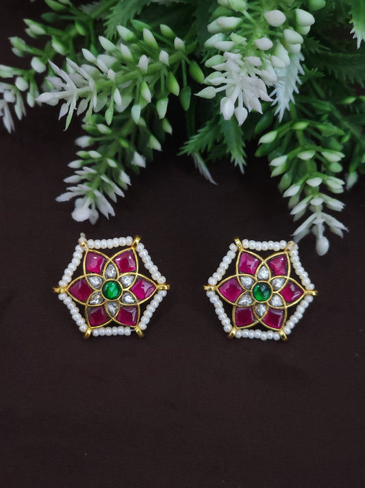 Traditional Floral Jadau Kundan Stud Earrings