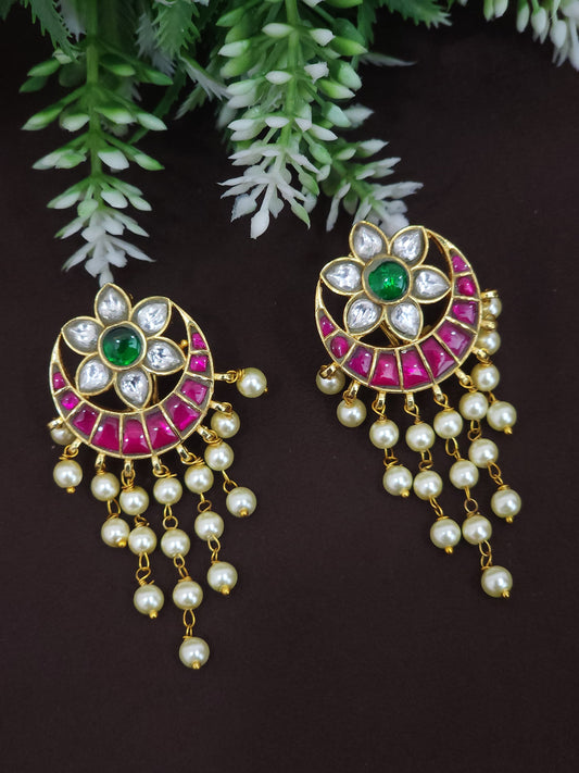 Jadau Kundan Chandbali Earrings with Pearl Drops