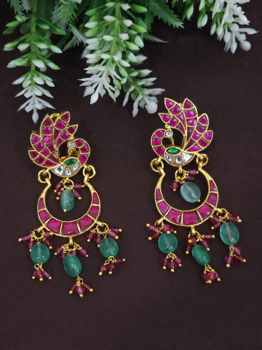 Jadau Kundan Peacock Earrings with Pink & Green Beads