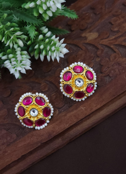 Ruby Red Jadau Kundan Stud Earrings with Pearl Border