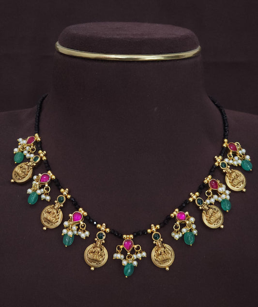 Lakshmi Kaasu Necklace with Pink Kundan & Green Beads
