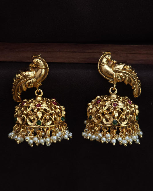 Peacock Design Premium Jadau Kundan Jhumkas with Pearl Drops