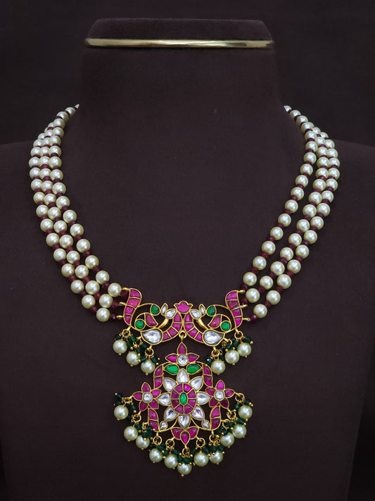 Jadau Kundan Necklace with Double Pearl Strands & Traditional Pendant