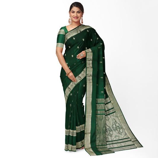 Green Banaras Butta Pure Silk Mysore Crepe Saree