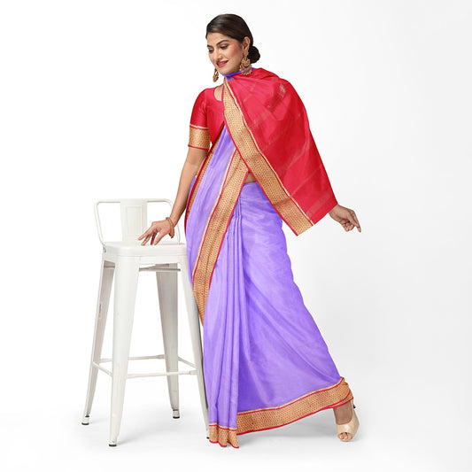 Bright Lavender Dot Border Pure Silk Mysore Crepe Saree