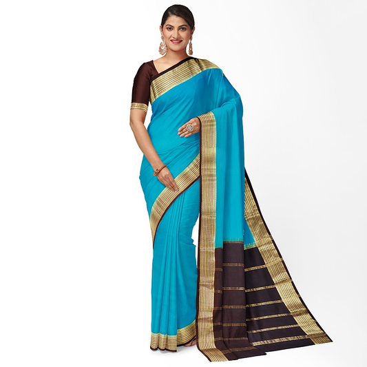 Sky Blue & Plum Pure Silk Mysore Crepe Saree