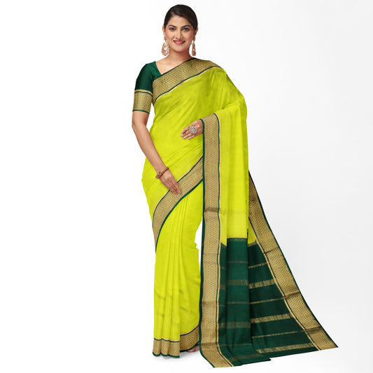Neon Green Dot Border Pure Silk Mysore Crepe Saree
