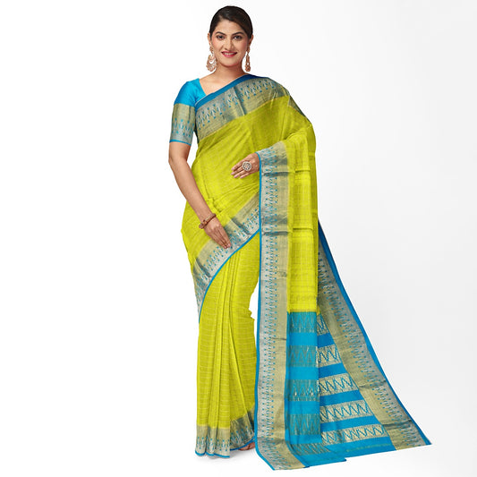 Neon Pure Silk Mysore Crepe Saree With Temple Border