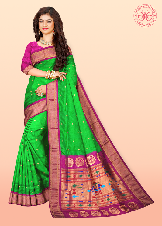 Parrot Green Pure Silk Gadwal Paithani Saree with Rani Pink Border
