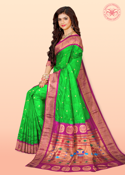 Parrot Green Pure Silk Gadwal Paithani Saree with Rani Pink Border