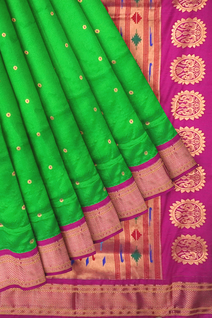 Parrot Green Pure Silk Gadwal Paithani Saree with Rani Pink Border
