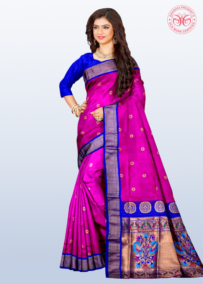 Magenta Pure Silk Gadwal Paithani Saree with Purple Border