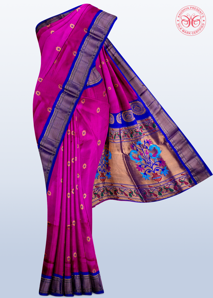 Magenta Pure Silk Gadwal Paithani Saree with Purple Border