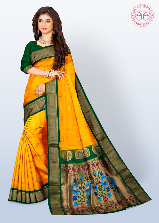 Yellow Pure Silk Gadwal Paithani Saree with Green Border