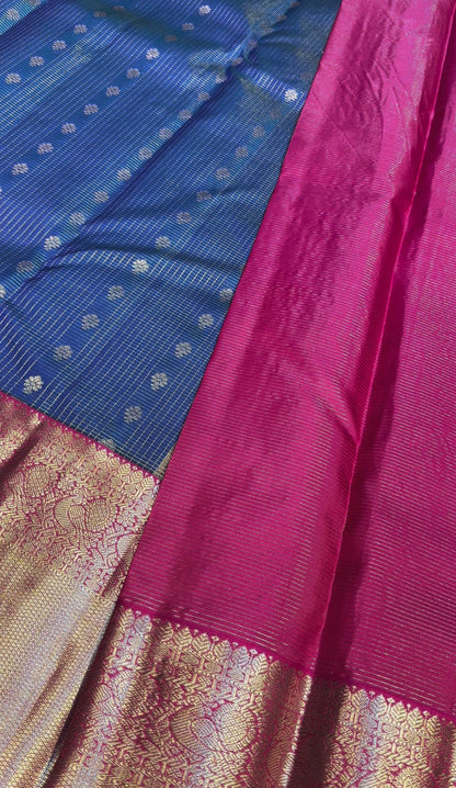 Navy Blue & Magenta Pink Handloom Kanchipuram Pure Silk Saree with Kottanch Jari