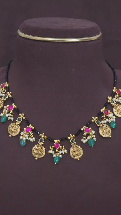 Lakshmi Kaasu Necklace with Pink Kundan & Green Beads