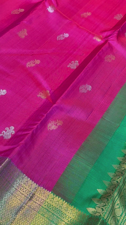 Rani Pink & Dark Green Kanchipuram Pure Silk Saree with Gatti Border