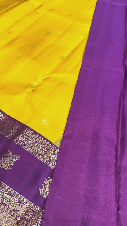 Yellow & Purple Handloom Kanchipuram Pure Silk Saree with Kuttu Jari