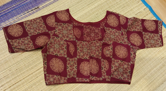 Maroon Non-Padded Ajrakh Print with Sleeve Madhurika Cotton Blouse