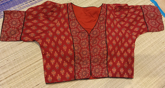 Red Padded Ajrakh Print with Sleeve Cotton Blouse(upto 42 inches)