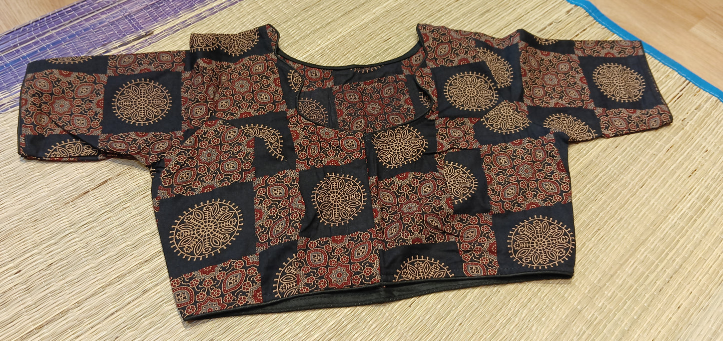 Black Non-Padded Ajrakh Print with Sleeve Cotton Blouse