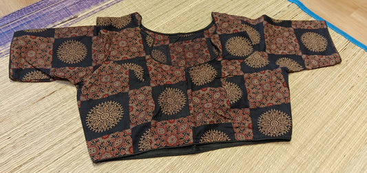Black Non-Padded Ajrakh Print with Sleeve Cotton Blouse